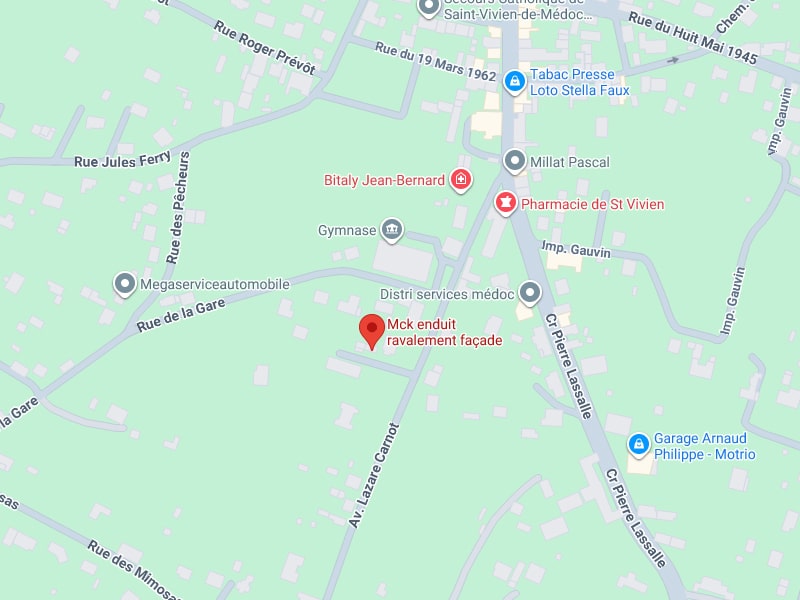 Carte de Saint-Vivien-de-Médoc montrant Mck enduit ravalement façade près de Rue de la Gare, Av. Lazare Carnot et Cr Pierre Lassalle.