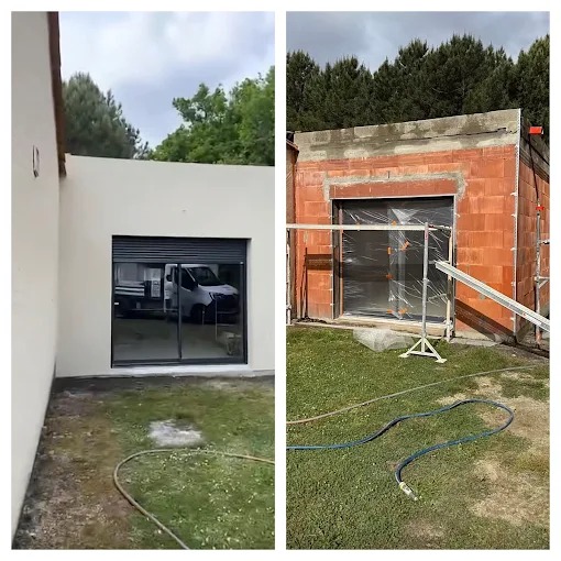 Extension maison : avant-après d’une rénovation en briques Avant après d'une extension de maison : gros œuvre en briques et finition avec enduit blanc et baie vitrée moderne.