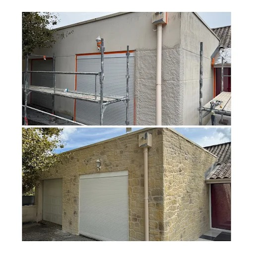 Enduit Imitation Pierre : Avant-Après Rénovation Façade Avant-après d'une rénovation de façade : transformation d'un mur lisse en enduit imitation pierre aspect authentique.